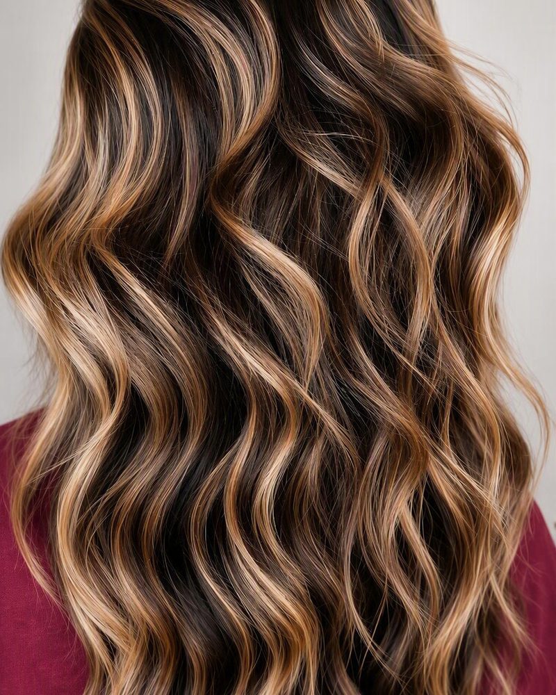 Dark hair with soft caramel ribbons, loosely waved.