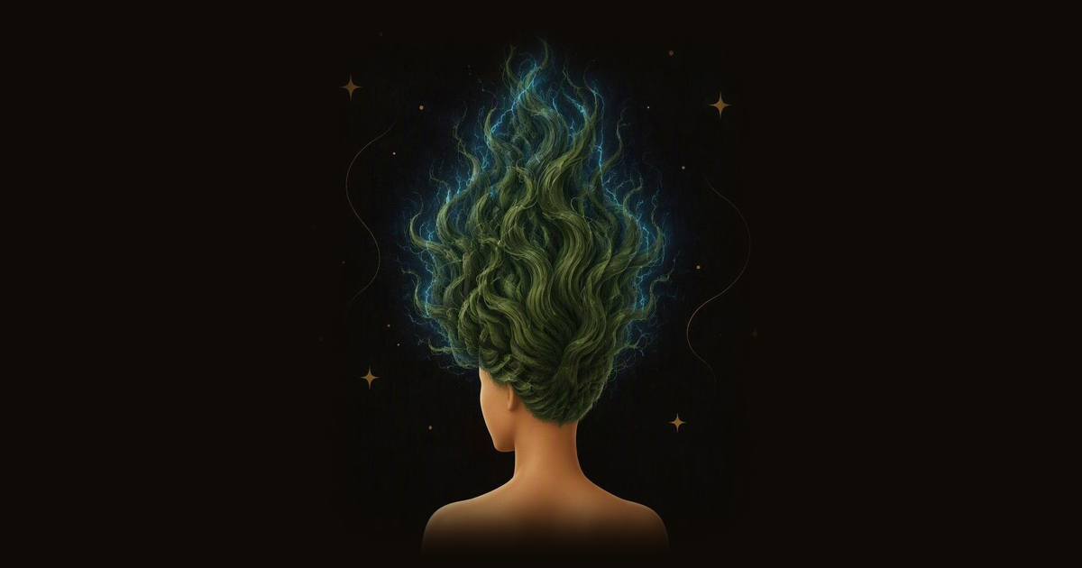 Wild, upswept moldy-green hair with a faint electric-blue glow, seen from behind on a faceless head
