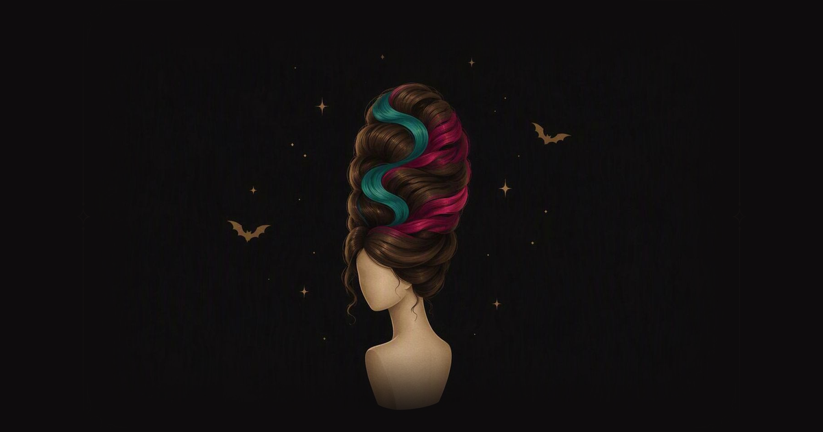A tall, teased beehive hairstyle with two bright streaks of teal and magenta, shown from the back on a faceless mannequin head