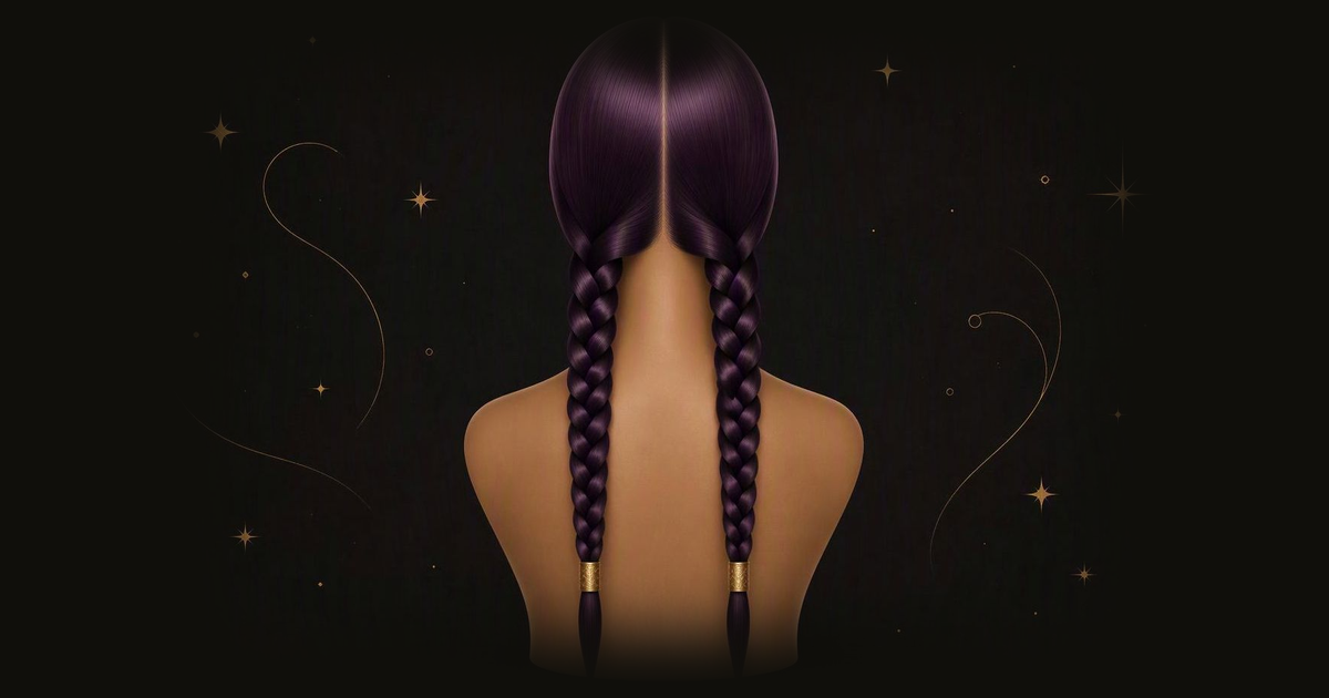 A center part with two long, sharp dark purple braids, seen from behind