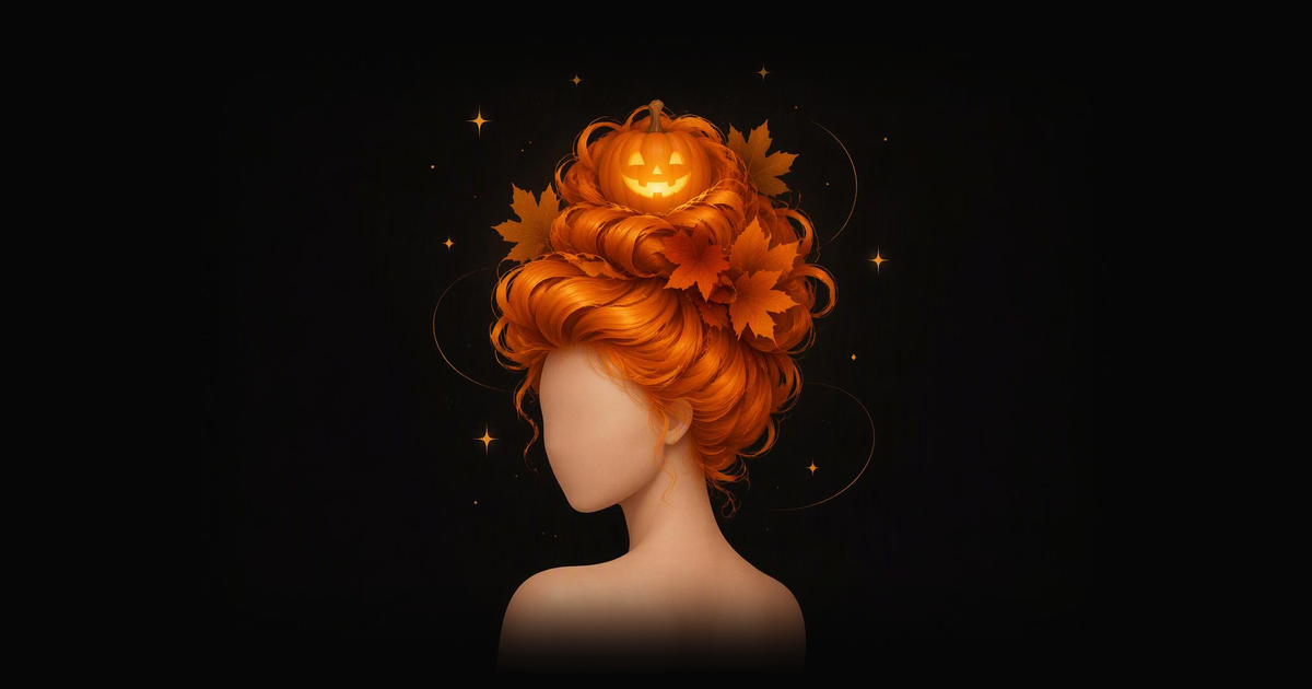 A towering orange updo with autumn leaves and a small glowing jack-o-lantern on top, on a faceless head