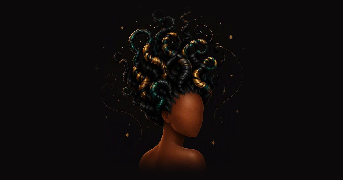 Wild, twisting dark curls with gold and green coils, styled like a nest of snakes, on a faceless head