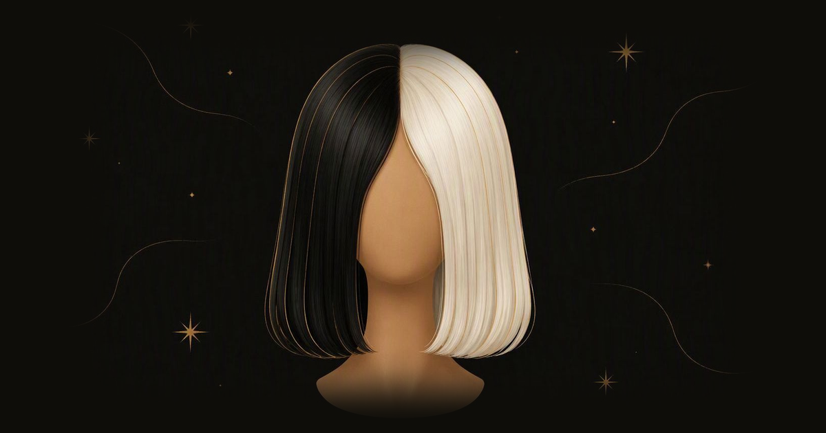 Sleek chin-length hair split down the middle, half black and half white, on a faceless head