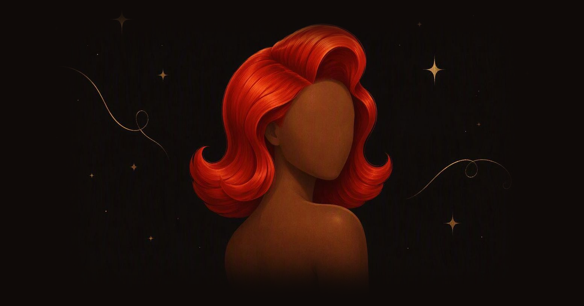 A fiery red swooping hairstyle curled up at the sides, on a faceless head